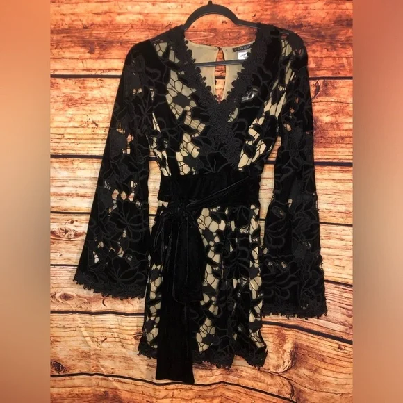 Velvet Lace Illusion Dress Black Flare Sleeve Boho Whimsigoth Flare size 16 - Picture 2 of 14